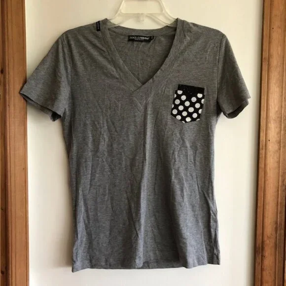 DOLCE & GABBANA V Neck Stud Polka Dot Pocket Gray Cotton Short Sleeve Te… - Picture 3 of 17